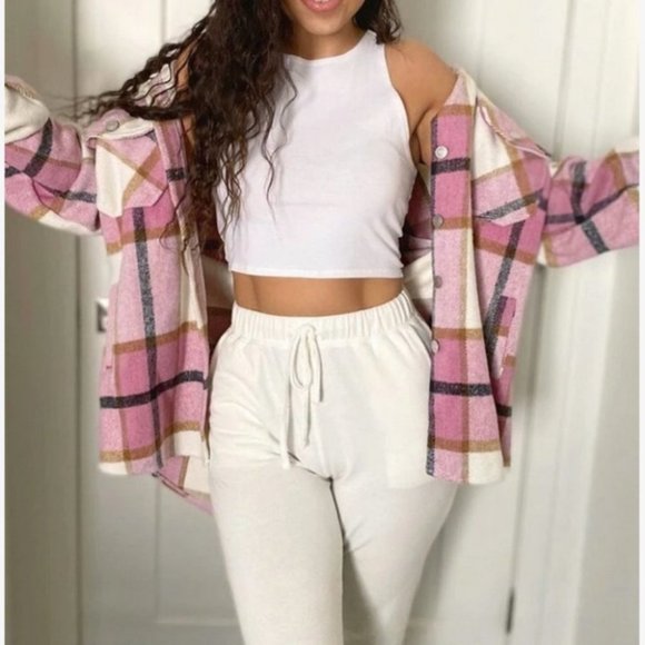 Casual Plaid Flap Pocket detailed button down pink Overshirt - Picture 1 of 16